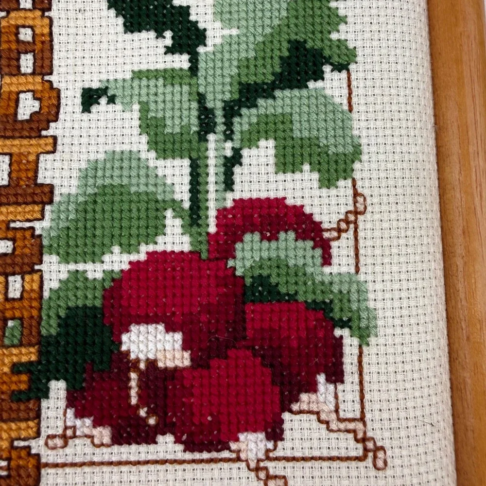 Vintage Radishes Cross Stitch Framed Wall Art Kitchen Decor Farmhouse 6x8